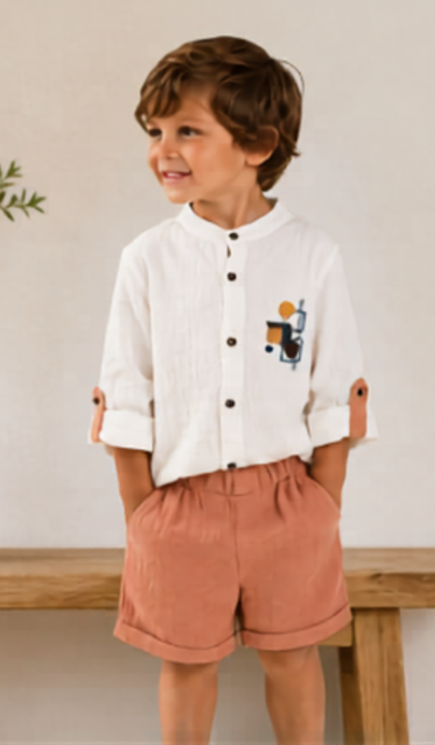 White & Peach Summer Co-Ord Shorts Set for Boys