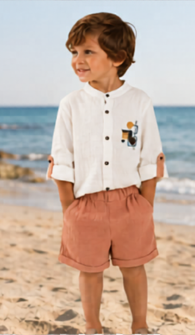 White & Peach Summer Co-Ord Shorts Set for Boys