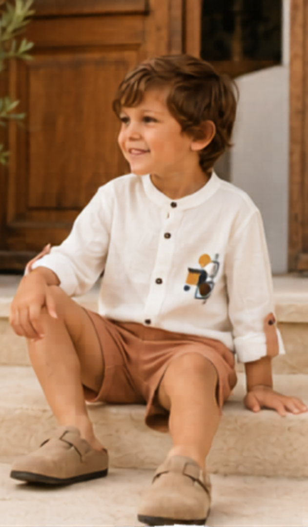White & Peach Summer Co-Ord Shorts Set for Boys