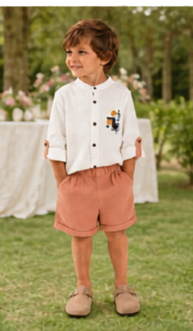 White & Peach Summer Co-Ord Shorts Set for Boys
