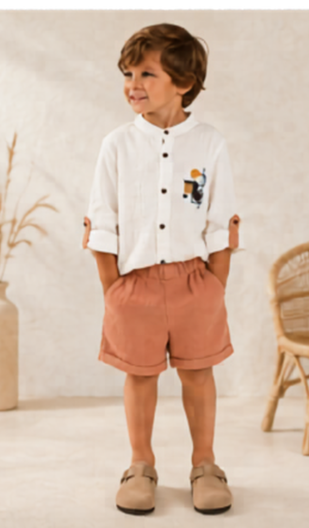 White & Peach Summer Co-Ord Shorts Set for Boys