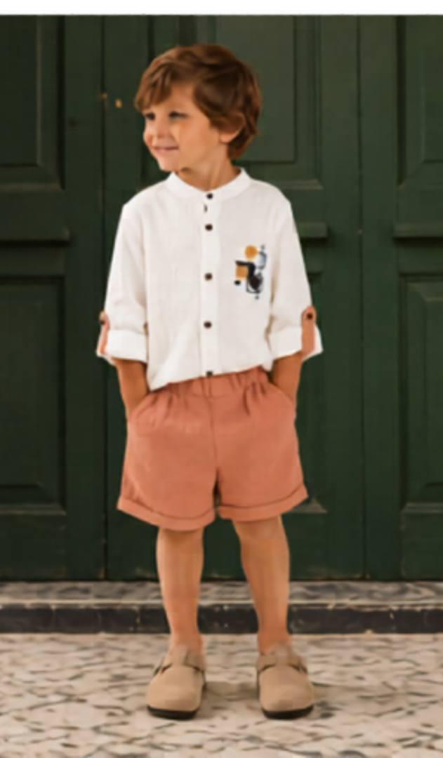White & Peach Summer Co-Ord Shorts Set for Boys