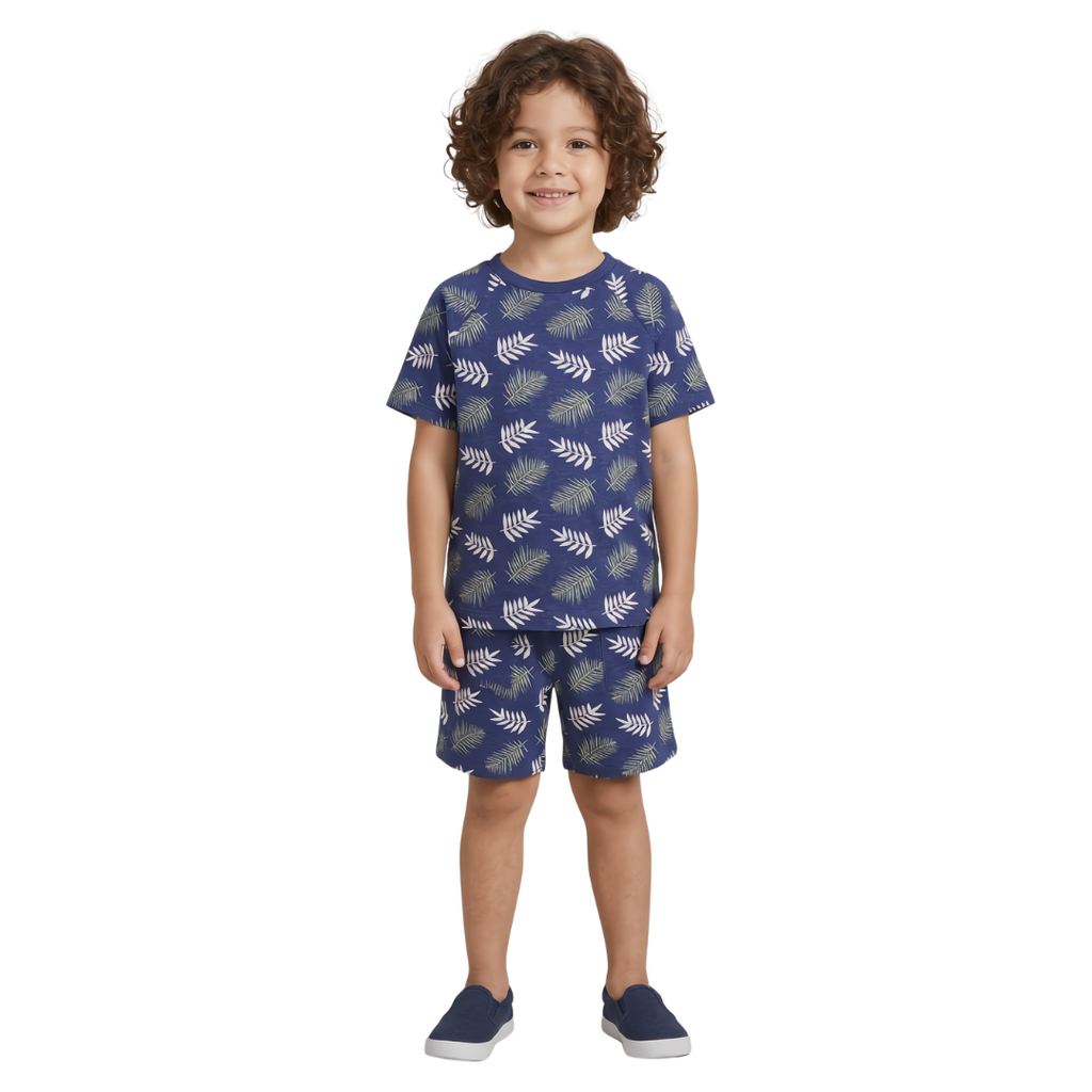 Boys Blue Leaf Print Co-Ord Set for Kids | Soft Cotton Half Sleeve T-Shirt & Shorts Matching Outfit | Casual Summer Wear for Boys