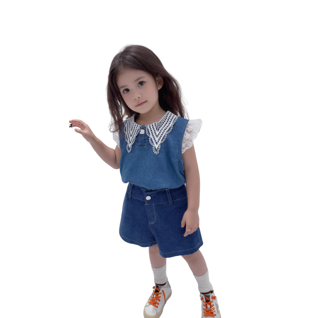 Girls Denim Co-Ord Set with Lace Collar | Stylish Sleeveless Top & Shorts Outfit for Kids | Casual Summer Wear