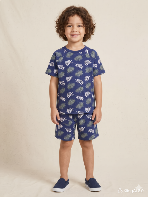 Boys Blue Leaf Print Co-Ord Set for Kids | Soft Cotton Half Sleeve T-Shirt & Shorts Matching Outfit | Casual Summer Wear for Boys