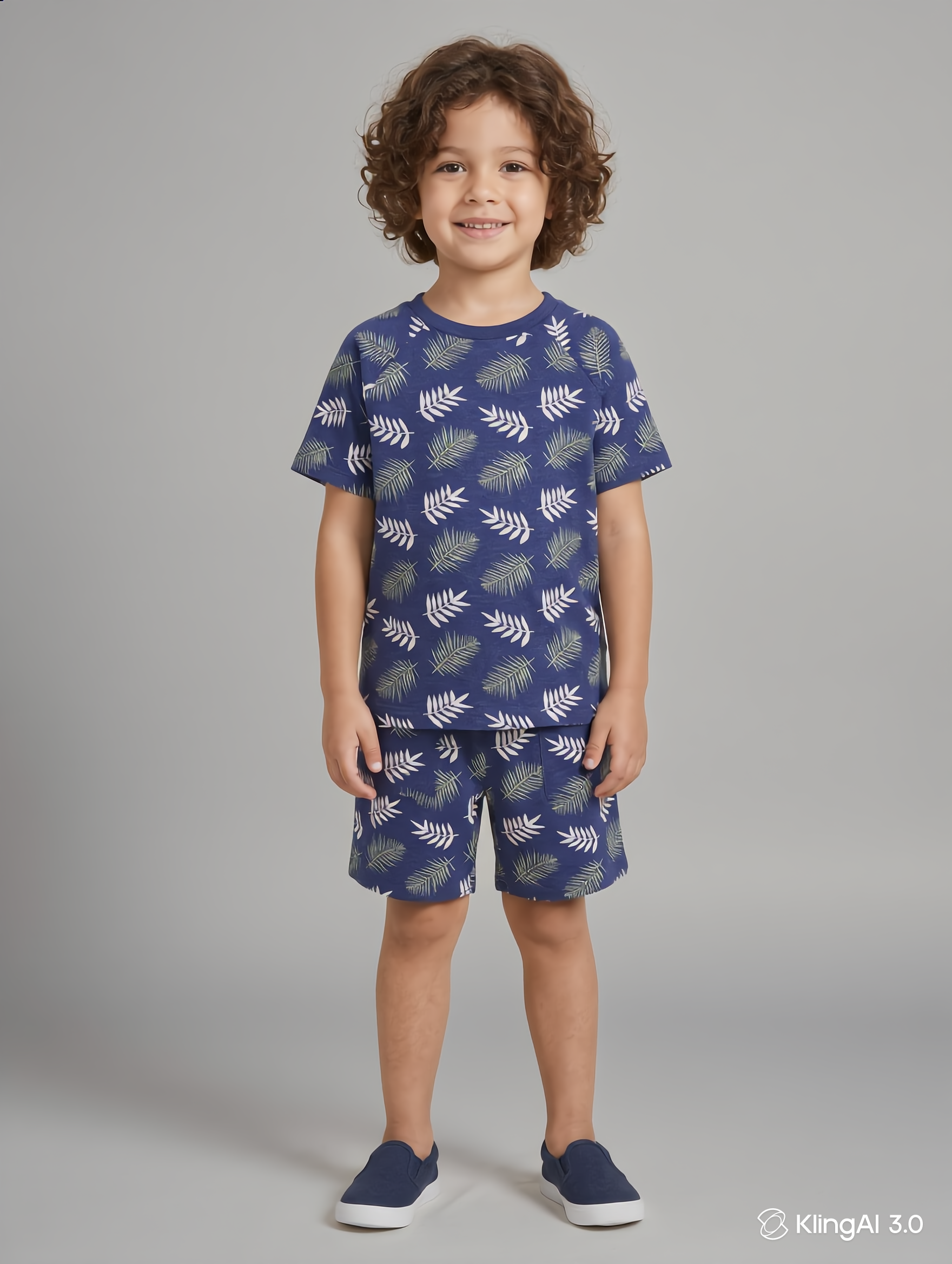 Boys Blue Leaf Print Co-Ord Set for Kids | Soft Cotton Half Sleeve T-Shirt & Shorts Matching Outfit | Casual Summer Wear for Boys