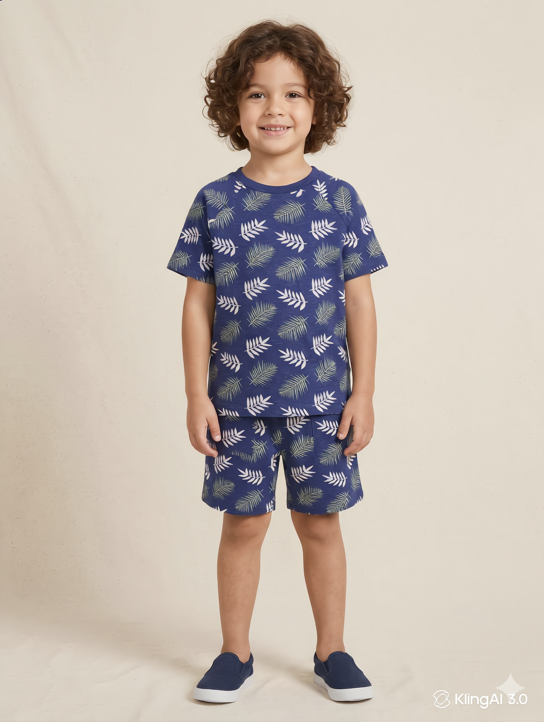Boys Blue Leaf Print Co-Ord Set for Kids | Soft Cotton Half Sleeve T-Shirt & Shorts Matching Outfit | Casual Summer Wear for Boys