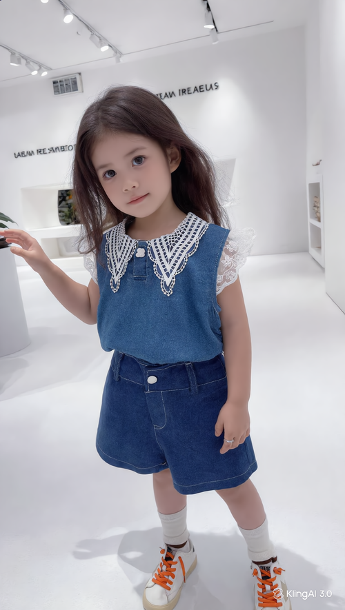 Girls Denim Co-Ord Set with Lace Collar | Stylish Sleeveless Top & Shorts Outfit for Kids | Casual Summer Wear